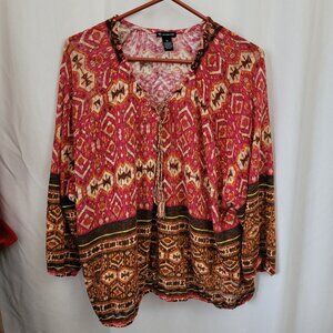 New Directions Top Woven Tapestry Abstract Peasant BOHO colorful fringe tie XL